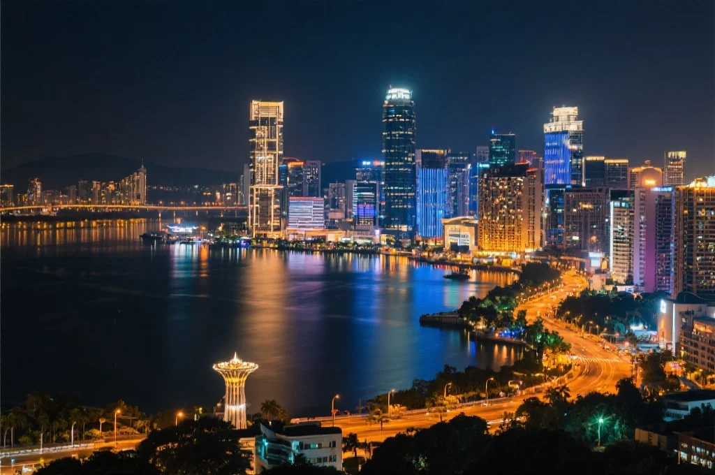 现代澳门城市夜景，灯火辉煌，反映出都市的活力和多元文化氛围